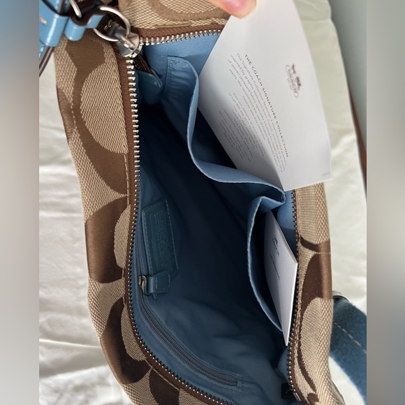 New Signature Canvas Tan Coach Messanger Bag with Blue Detail - Picture 2 of 4